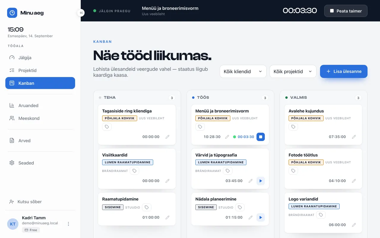 Kanban-tahvel: kolm veergu Teha, Töös ja Valmis; igal kaardil ülesanne, klient ja projekt ning jälgitud aeg; ühel kaardil on esile tõstetud töötav taimer.