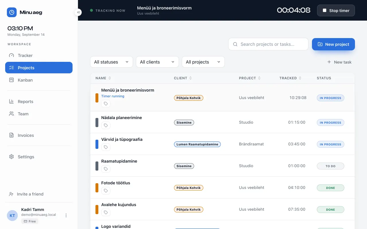 The Projects view: a table of tasks with a colour bar per client, the client and project of each task, tracked time and a status badge, with filters for status, client and project.