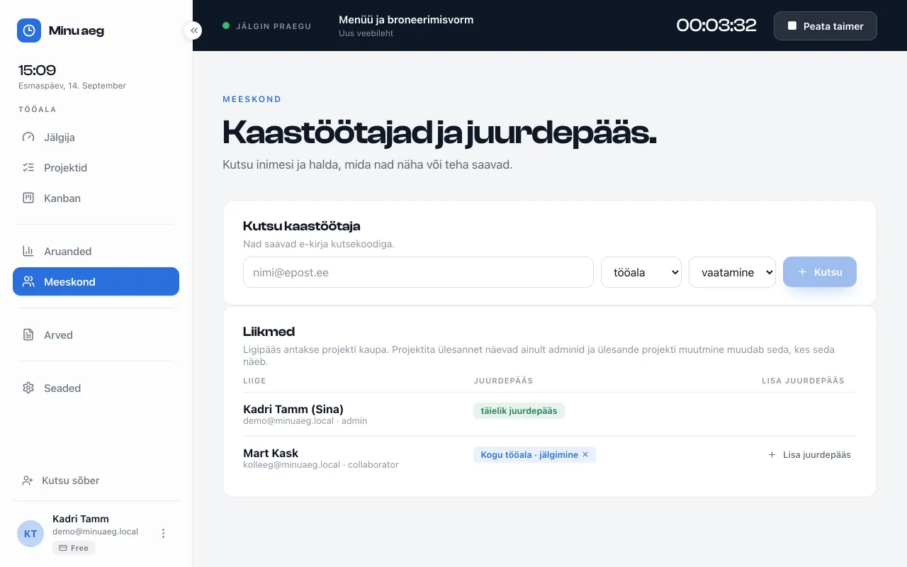 Meeskonna vaade: vorm kaastöötaja kutsumiseks e-posti, ulatuse ja juurdepääsutasemega ning liikmete nimekiri, kus omanikul on täielik juurdepääs ja kaastöötajal jälgimisõigus kogu tööalale.
